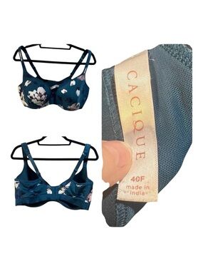 Cacique Lightly Line Balconette Bra Dark Teal Blue with Florals Size 40F